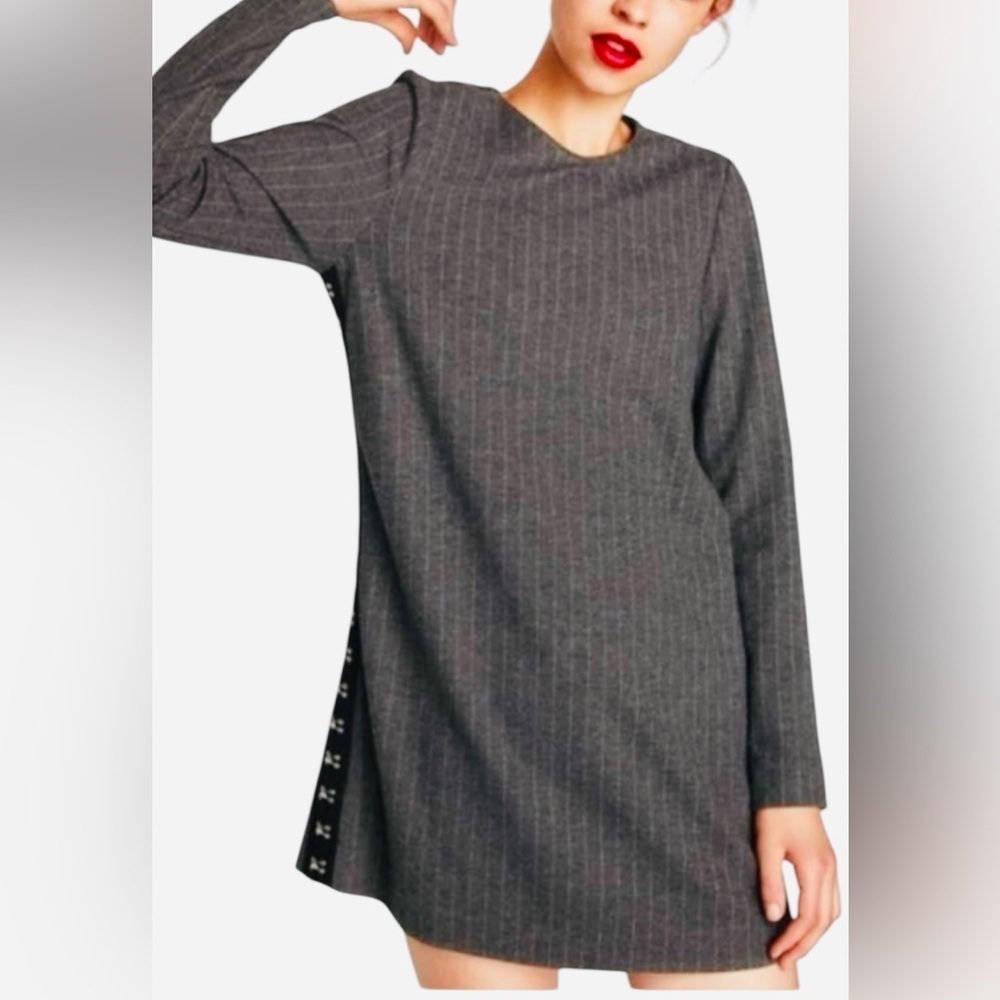 ZARA Trafaluc Gray Pinstripe Dress XS Side Hook Detail
